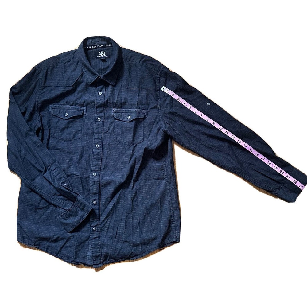Rock & Republic Shirt Men's L Dark Gray Casual Pockets Button Roll Up Shirt - Picture 11 of 13